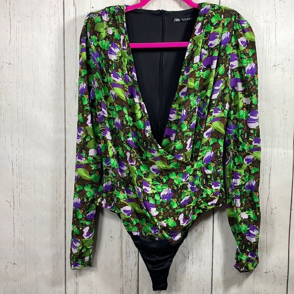 Zara Floral Plunge Bodysuit Long Sleeve L Chic Night Out Y2K Party Bloggers Fav